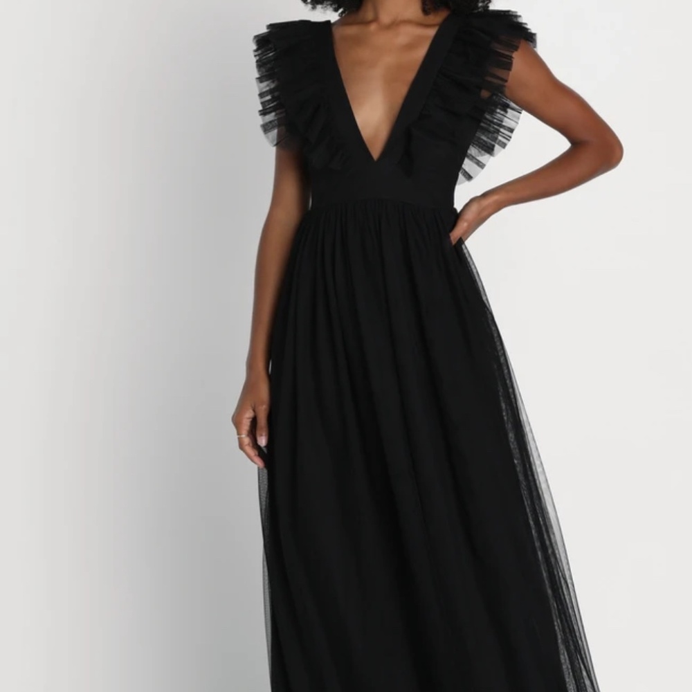 Lulus | Simply Delighted Black Mesh Ruffled Backless Maxi Dress | XL | NWT